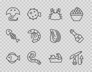 Set line Fish, Fishing harpoon, Crab, Octopus of tentacle, Stingray, Shrimp, boat and Soy sauce bottle icon. Vector