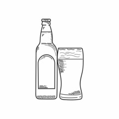 Drawing, engraving, ink, line art, vector illustration bottle and glass of fresh beer sketch icon in silhouette on a white background.