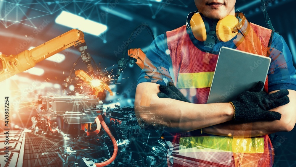 Poster mechanized industry robot arm and factory worker double exposure . concept of robotics technology fo