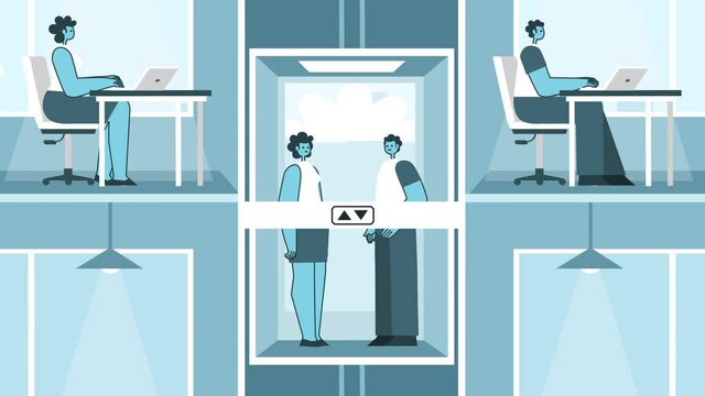Two people communicating in elevator of work office. Flat Design Cartoon Characters Loop 2d Animation