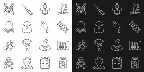 Set line Eye in a jar, Garden fence wooden, Candy, Scarecrow, Ghost, Tombstone with RIP written, Cat and Zombie finger icon. Vector