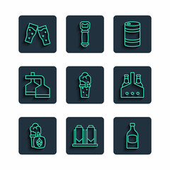 Set line Glass of beer, Beer brewing process, bottle, Metal keg, and Pack bottles icon. Vector