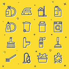 Set line Bar of soap, Rubber plunger, Washer, Mop and bucket, Trash can, Dishwashing liquid bottle, and icon. Vector