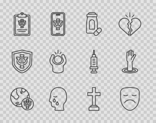 Set line Psychology, Psi, Drama theatrical mask, Sedative pills, Man graves funeral sorrow, Anger, Graves and Helping hand icon. Vector