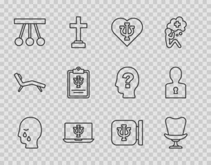 Set line Man graves funeral sorrow, Armchair, Psychology, Psi, Psychologist online, Pendulum, and Solution to the problem icon. Vector