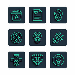 Set line Industry pipe and valve, Radioactive in shield, Light bulb with concept of idea, Planet earth radiation, Atom, Infectious waste and Radiation electrical plug icon. Vector