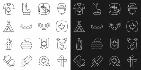 Set line Canadian totem pole, Beaver animal, maple leaf, Canada, Kayak, Indian teepee or wigwam, Hockey jersey and Deer antlers icon. Vector