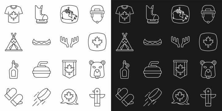 Set line Canadian totem pole, Beaver animal, maple leaf, Canada, Kayak, Indian teepee or wigwam, Hockey jersey and Deer antlers icon. Vector