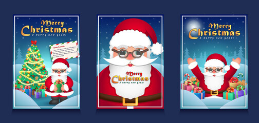Three Holiday greeting cards. Cartoon funny Santa Claus with gifts, Xmas tree with decorations and letter from Santa on winter background. Merry Christmas and Happy New Year 2022!