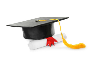 Graduation hat and diploma on white background - obrazy, fototapety, plakaty