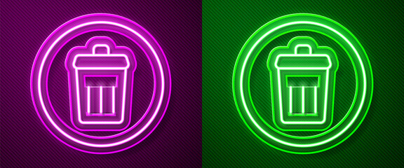 Glowing neon line Trash can icon isolated on purple and green background. Garbage bin sign. Recycle basket icon. Office trash icon. Vector