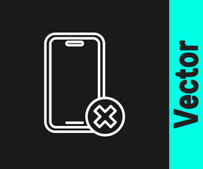 White line No cell phone icon isolated on black background. No talking and calling sign. Cell prohibition. Vector