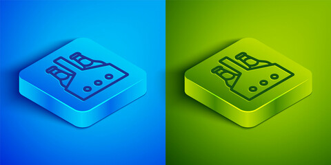 Isometric line Pack of beer bottles icon isolated on blue and green background. Case crate beer box sign. Square button. Vector