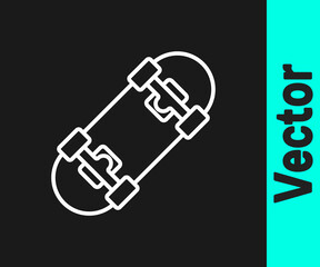 White line Skateboard icon isolated on black background. Extreme sport. Sport equipment. Vector
