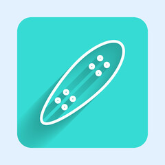 White line Longboard or skateboard cruiser icon isolated with long shadow background. Extreme sport. Sport equipment. Green square button. Vector