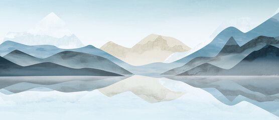 Vector art background with mountains and lake. Landscape banner in blue tones for art decorations, print for decor