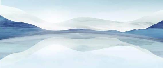 Photo sur Plexiglas Blanche Fond d& 39 art aquarelle avec montagnes et lac en hiver. Bannière de paysage dans les tons bleus pour les décorations d& 39 art, impression pour la décoration