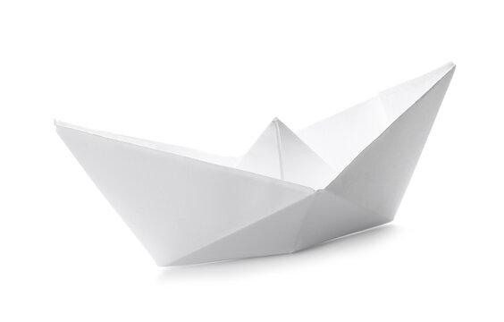 Handmade paper boat isolated on white. Origami art