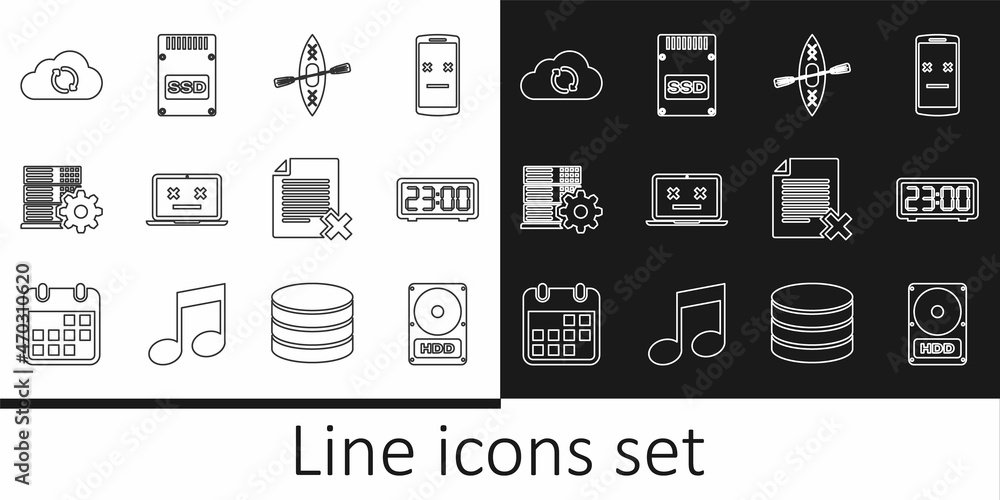 Poster set line hard disk drive hdd, digital alarm clock, kayak and paddle, dead laptop, server setting, cl