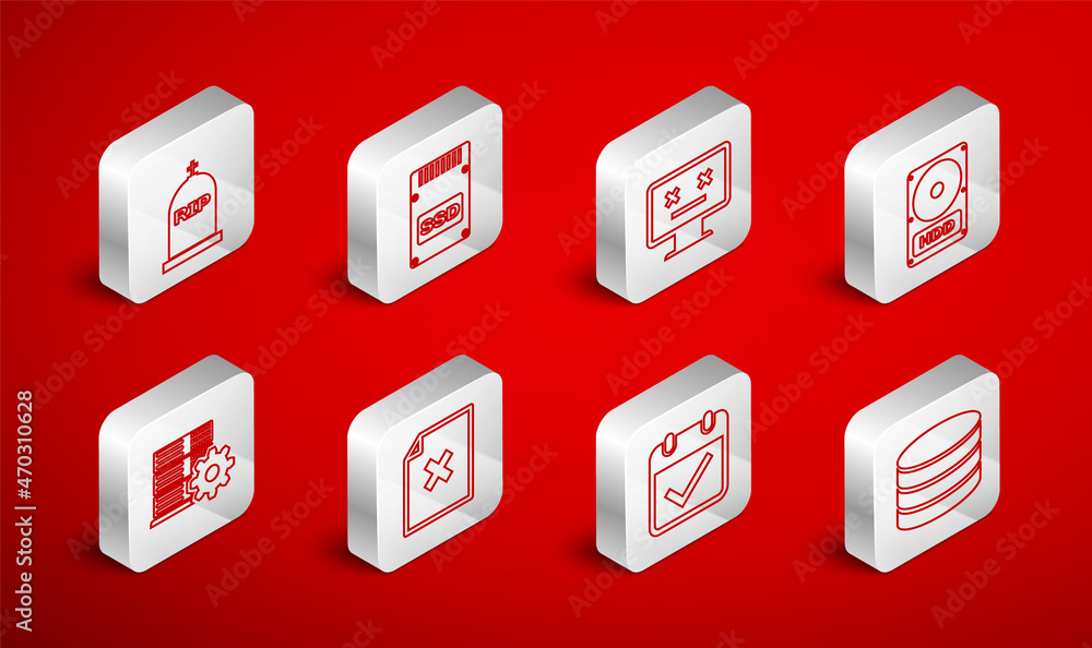 Poster set line database, ssd card, dead monitor, hard disk drive hdd, calendar with check mark, tombstone 