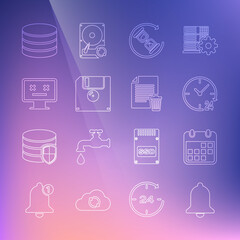 Set line Ringing bell, Calendar, Clock 24 hours, Waiting, Floppy disk, Dead monitor, Database and Delete file document icon. Vector