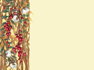 赤い実をつけた枝と古枝のフレーム（黄色背景）