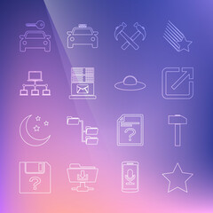 Fototapeta na wymiar Set line Star, Hammer, Open in new window, Two crossed hammers, Mail server, Computer network, Car rental and UFO flying spaceship icon. Vector