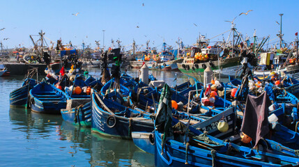 Fototapeta na wymiar Blue wooden fishing boats in the harbour of Essaouira, Morocco