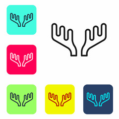 Black line Deer antlers icon isolated on white background. Hunting trophy on wall. Set icons in color square buttons. Vector