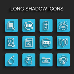 Set line Bomb ready to explode, Head with heartbeat, Share file, Folder download, Car sharing, Aviation bombs and Refund money icon. Vector