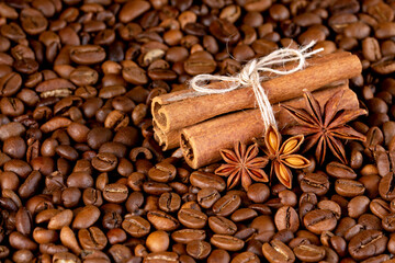 star anise with cinnamon on coffee beans