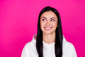 Fototapeta premium Photo of young lovely girl good mood wondered dream thoughtful look empty space isolated over magenta color background