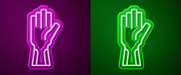 Glowing neon line Protective gloves icon isolated on purple and green background. Vector