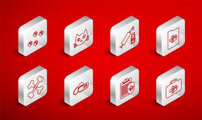 Set line Pet first aid kit, Cat, Syringe with pet vaccine, Clinical record, Paw print, Dog and pills and Crossed bones icon. Vector