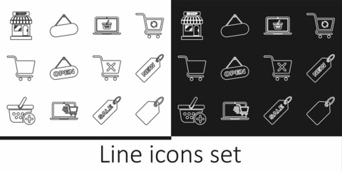 Set line Label template price tag, Price with New, Shopping basket on laptop, Hanging sign Open door, cart, Market store, Remove shopping and Signboard hanging icon. Vector