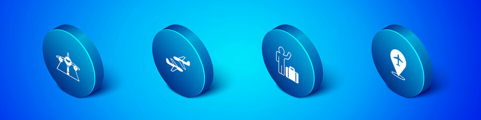 Set Isometric Plane, Tourist with suitcase, and icon. Vector