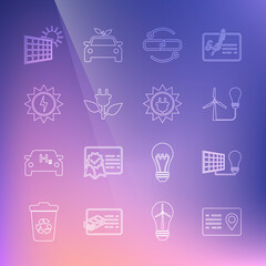 Set line Address book, Solar energy panel and light bulb, Light with wind turbine, Chain link line, Electric saving plug leaf, sun and icon. Vector