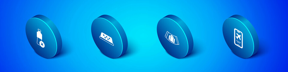 Set Isometric No water bottle, Conveyor belt with suitcase, Mobile ticket and Taxi car roof icon. Vector