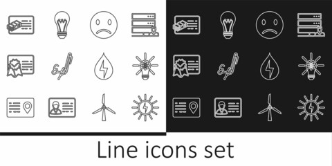 Set line Solar energy panel, Light bulb with gear, Sad smile, Signature, Certificate template, Financial document, Water and icon. Vector