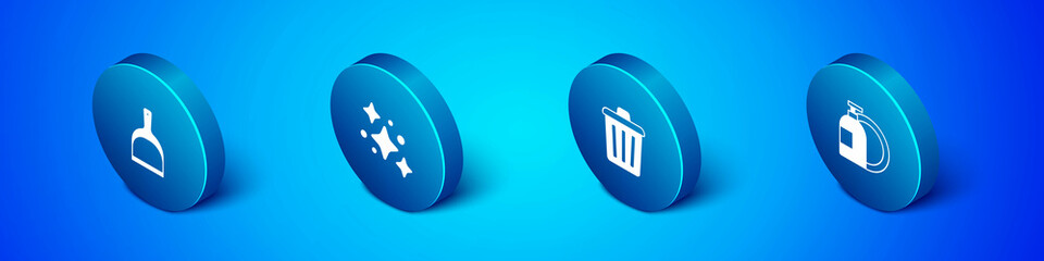 Set Isometric Dustpan, Trash can, Dishwashing liquid bottle and Home cleaning service icon. Vector
