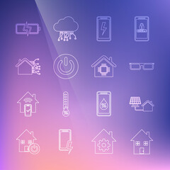Set line House, with solar panel, Glasses, Mobile charging battery, Power button, Smart home, Battery and icon. Vector