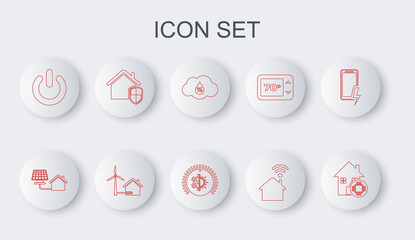 Set line Smart home, House with solar panel, Humidity, wi-fi, Power button, under protection, wind turbine and Thermostat icon. Vector
