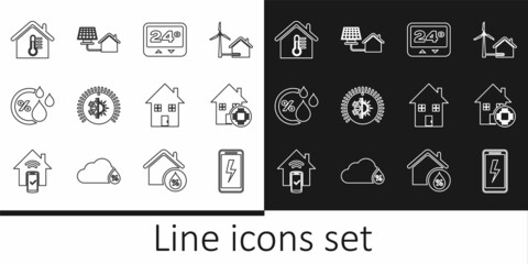 Set line Mobile charging battery, Smart home, Thermostat, Humidity, House temperature, and with solar panel icon. Vector