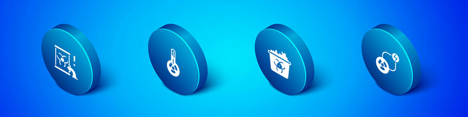 Set Isometric Radioactive waste in barrel, Infectious, exchange energy and Meteorology thermometer icon. Vector