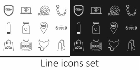 Set line Penis pump, Leather fetish collar, Film reel with Sex, Bottle pills for potency, Dildo vibrator, Shield 18 plus, Location and Laptop content icon. Vector