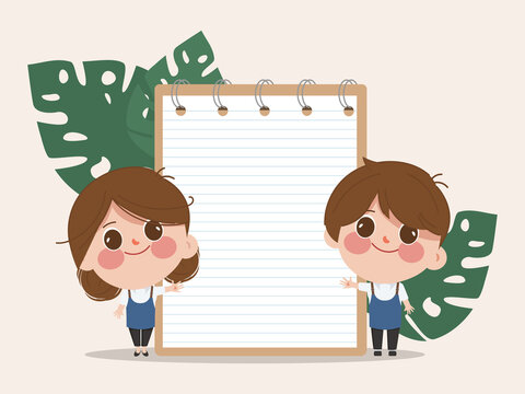 Cute cartoon barista coffee with notebook stationary background.