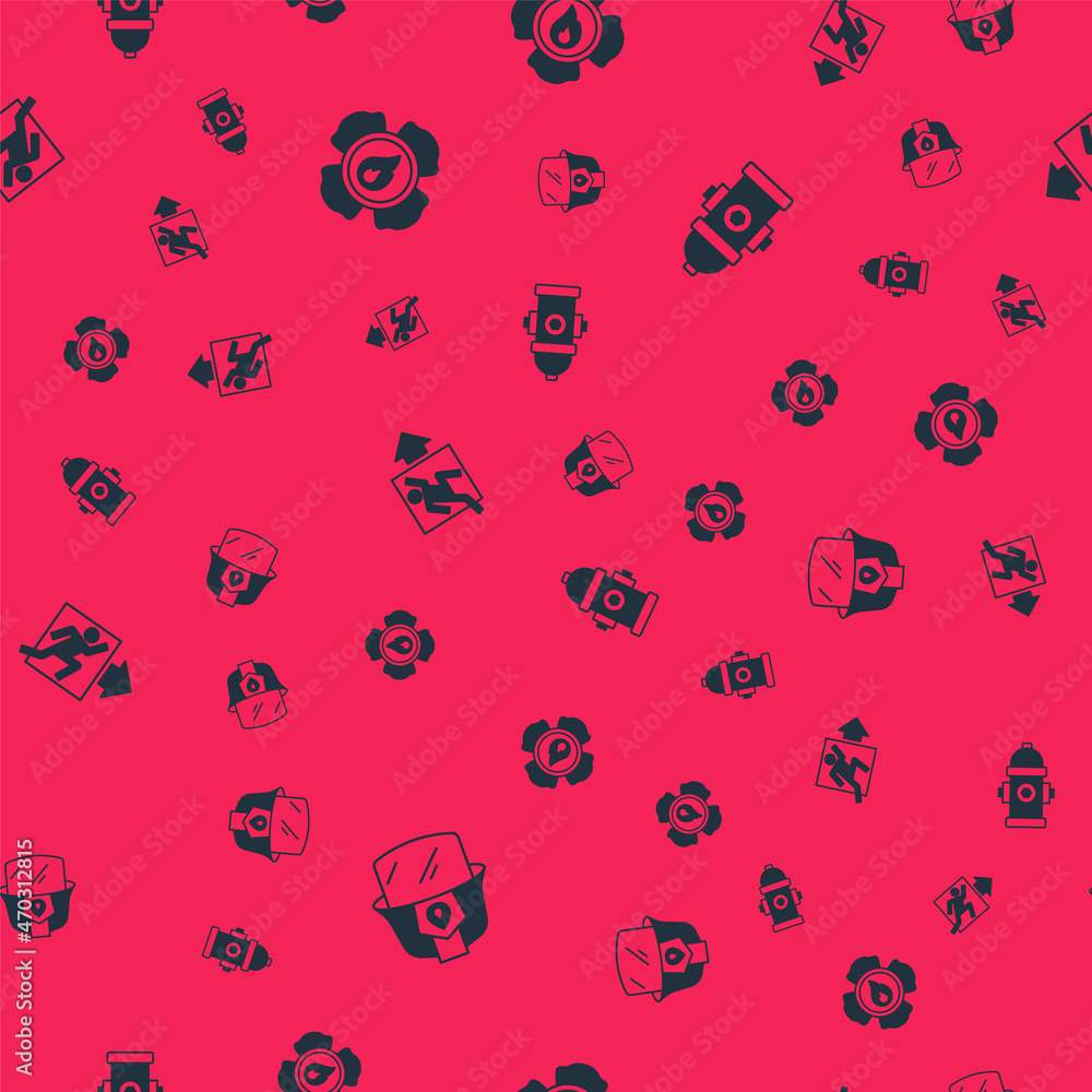 Poster set firefighter helmet, exit and hydrant on seamless pattern. vector