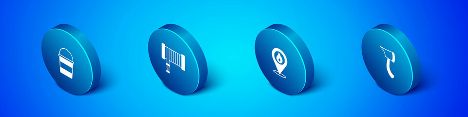 Set Isometric Fire bucket, Location with fire flame, Firefighter axe and hose reel icon. Vector
