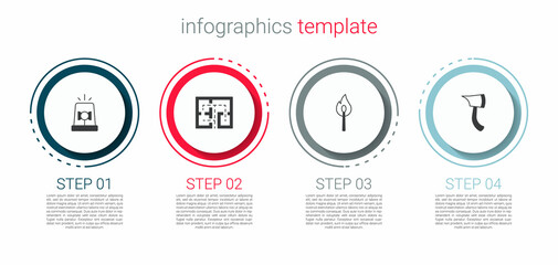 Set Flasher siren, Evacuation plan, Burning match with fire and Firefighter axe. Business infographic template. Vector