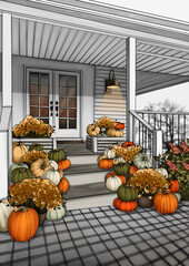 Porch of the house in autumn decorated with pumpkins